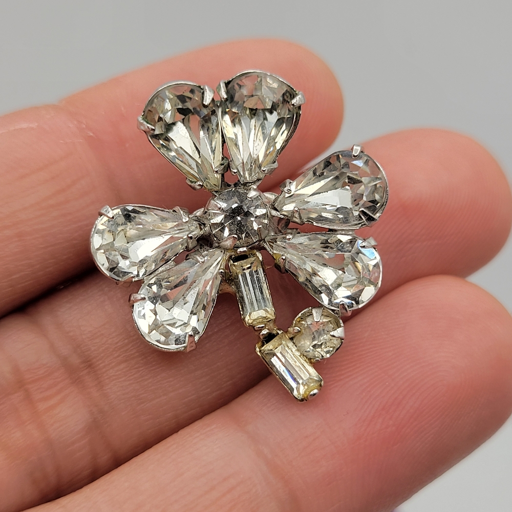 Cute Vintage Silver and Gold Rhinestone Floral Brooch